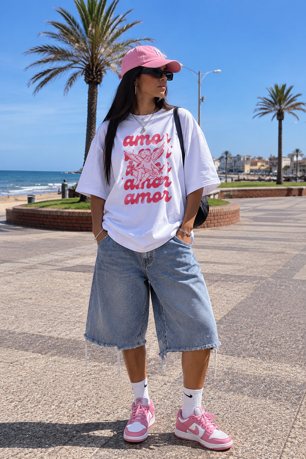 Remera Oversize Amor Querubín en look de verano con bermuda de jean