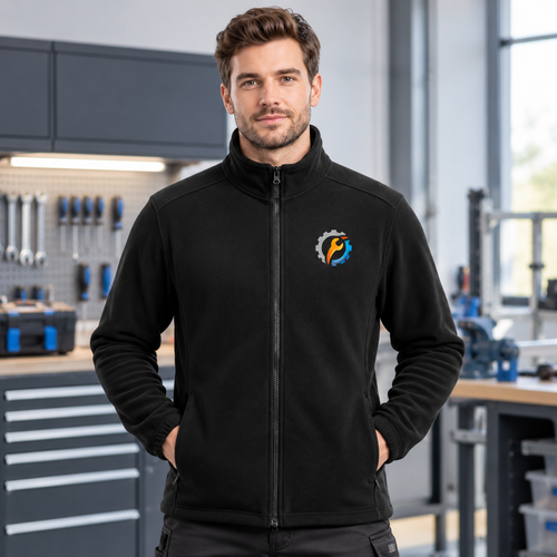 Campera polar negra de cierre personalizada para ropa de trabajo