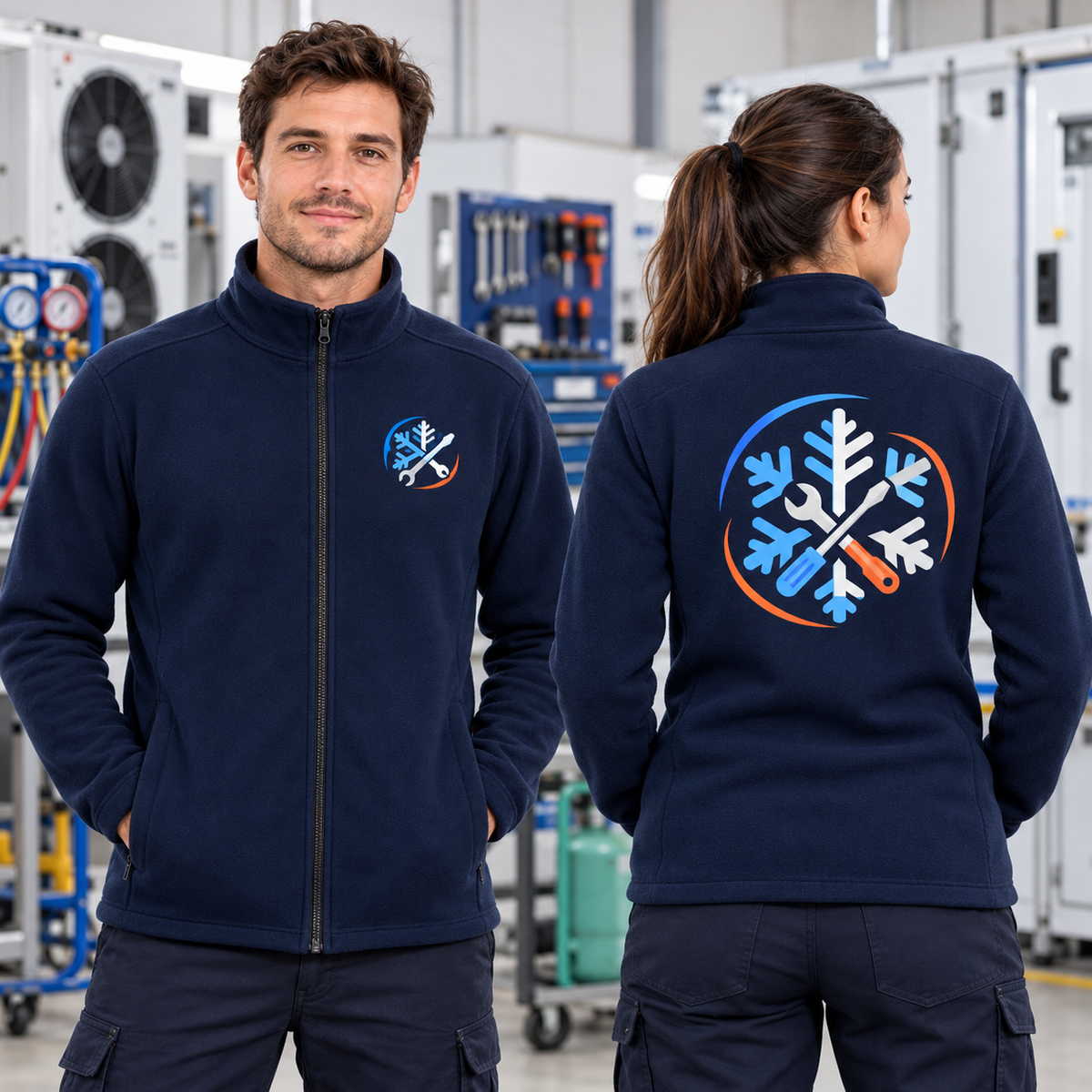 Ejemplo empresarial de campera polar con estampado DTF frontal y posterior