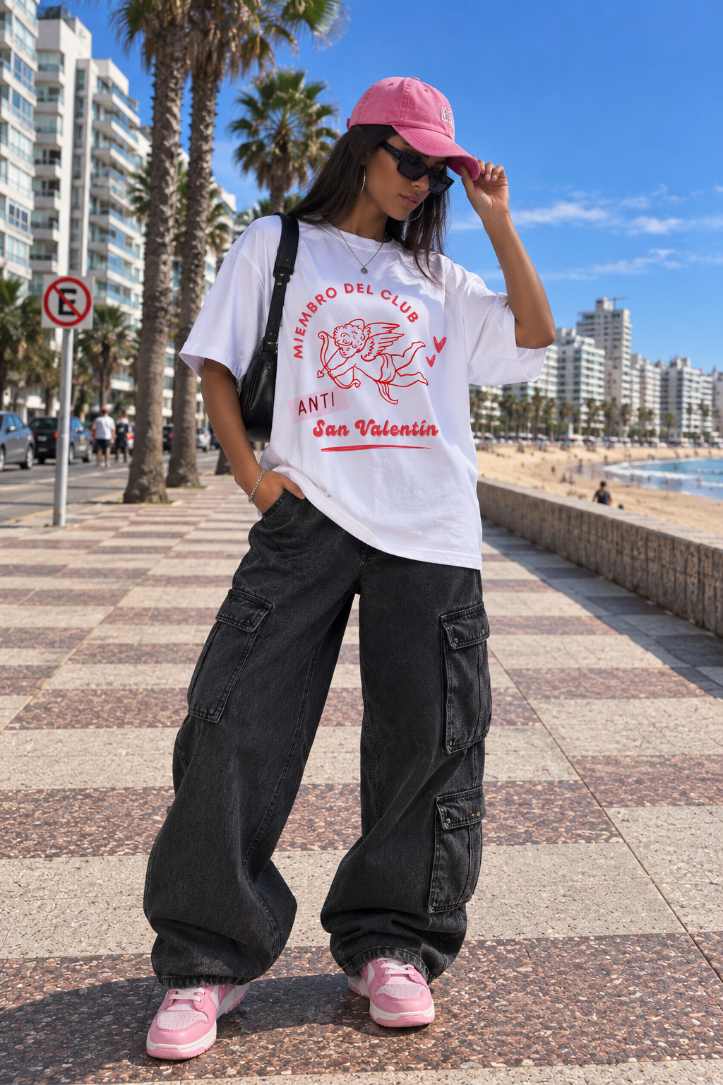 Remera Oversize Club Anti San Valentín en estilo urbano con cargo negro