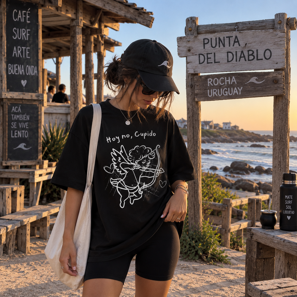 Remera Oversize Hoy no Cupido negra combinada con biker negra