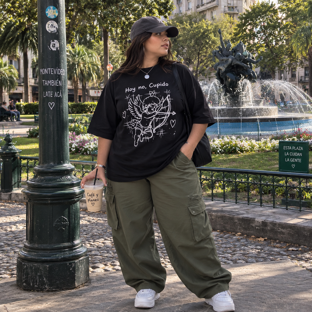 Remera Oversize Hoy no Cupido negra en estilo urbano con pantalón cargo