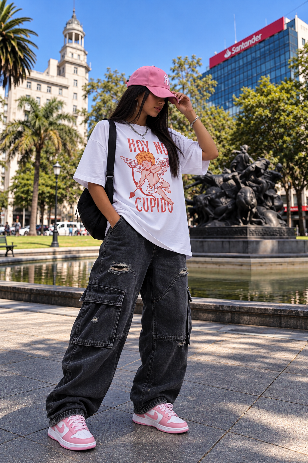 Remera Oversize Hoy no Cupido blanca combinada con jean cargo negro