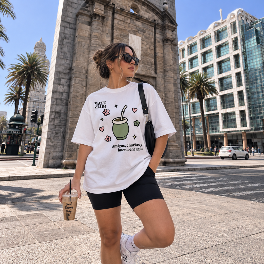 Remera Oversize Mate Club blanca combinada con biker