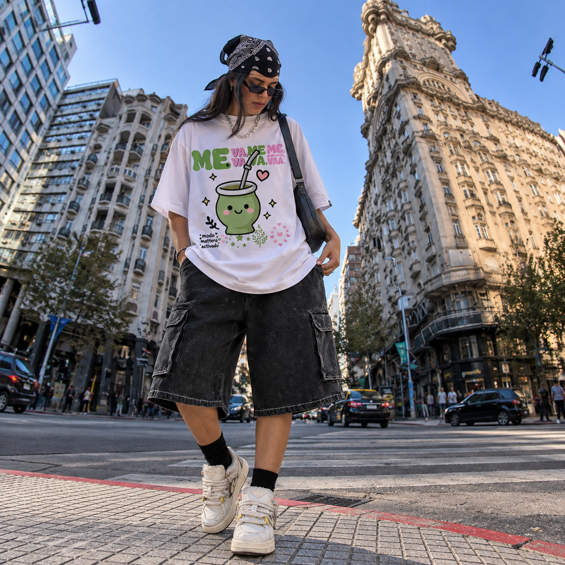 Remera Oversize Modo Matera blanca en estilo urbano con bermuda cargo