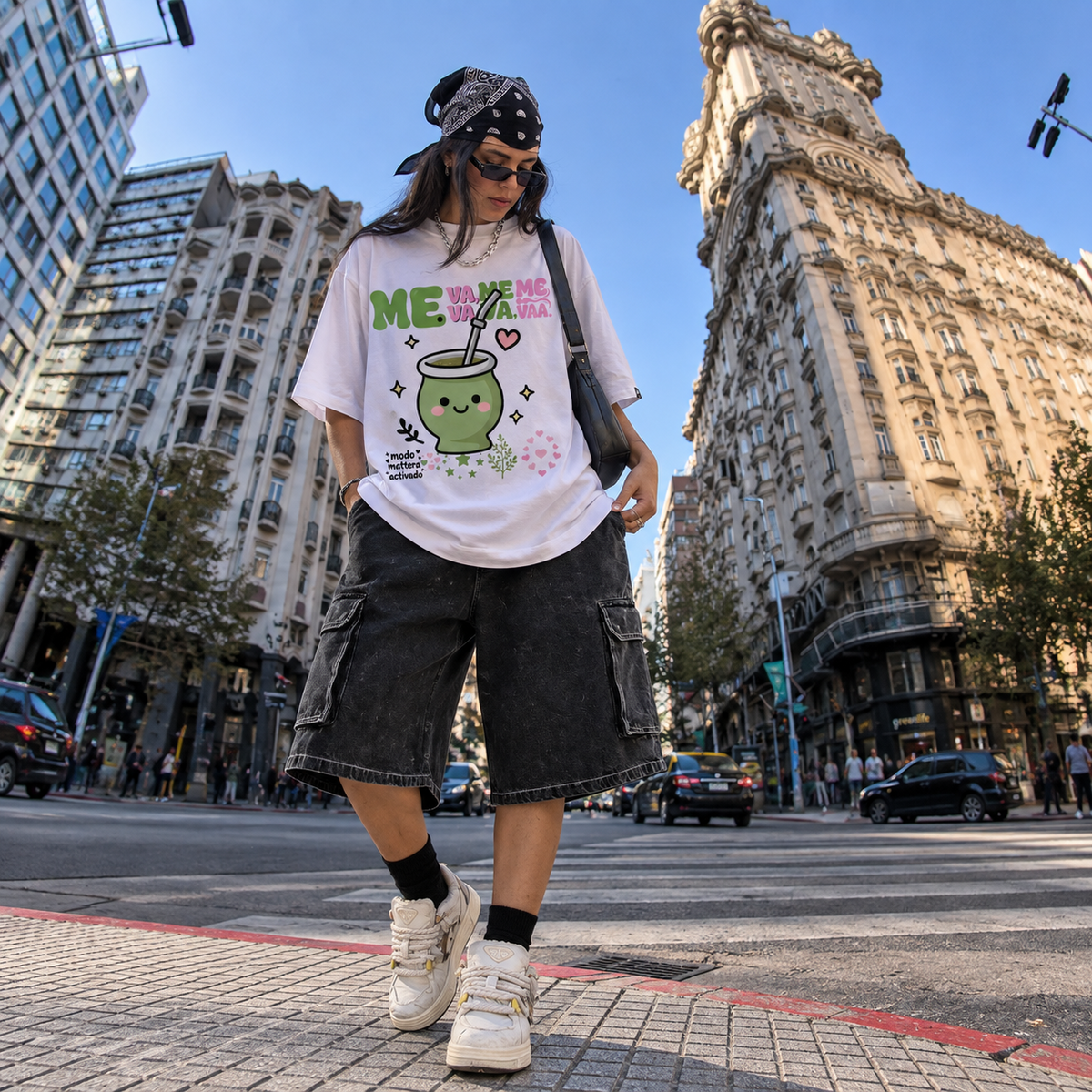 Remera Oversize Modo Matera blanca en estilo urbano con bermuda cargo