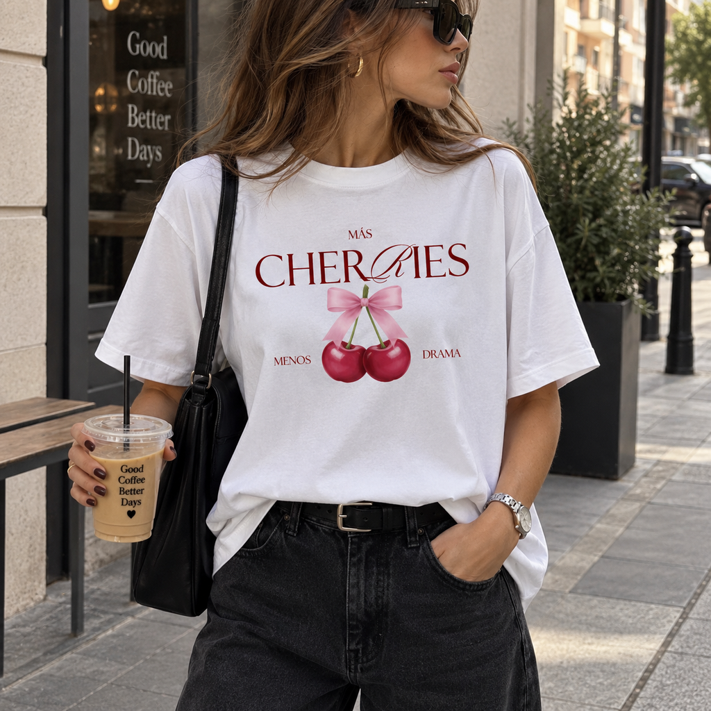 Remera oversize Más Cherries Menos Drama en look urbano