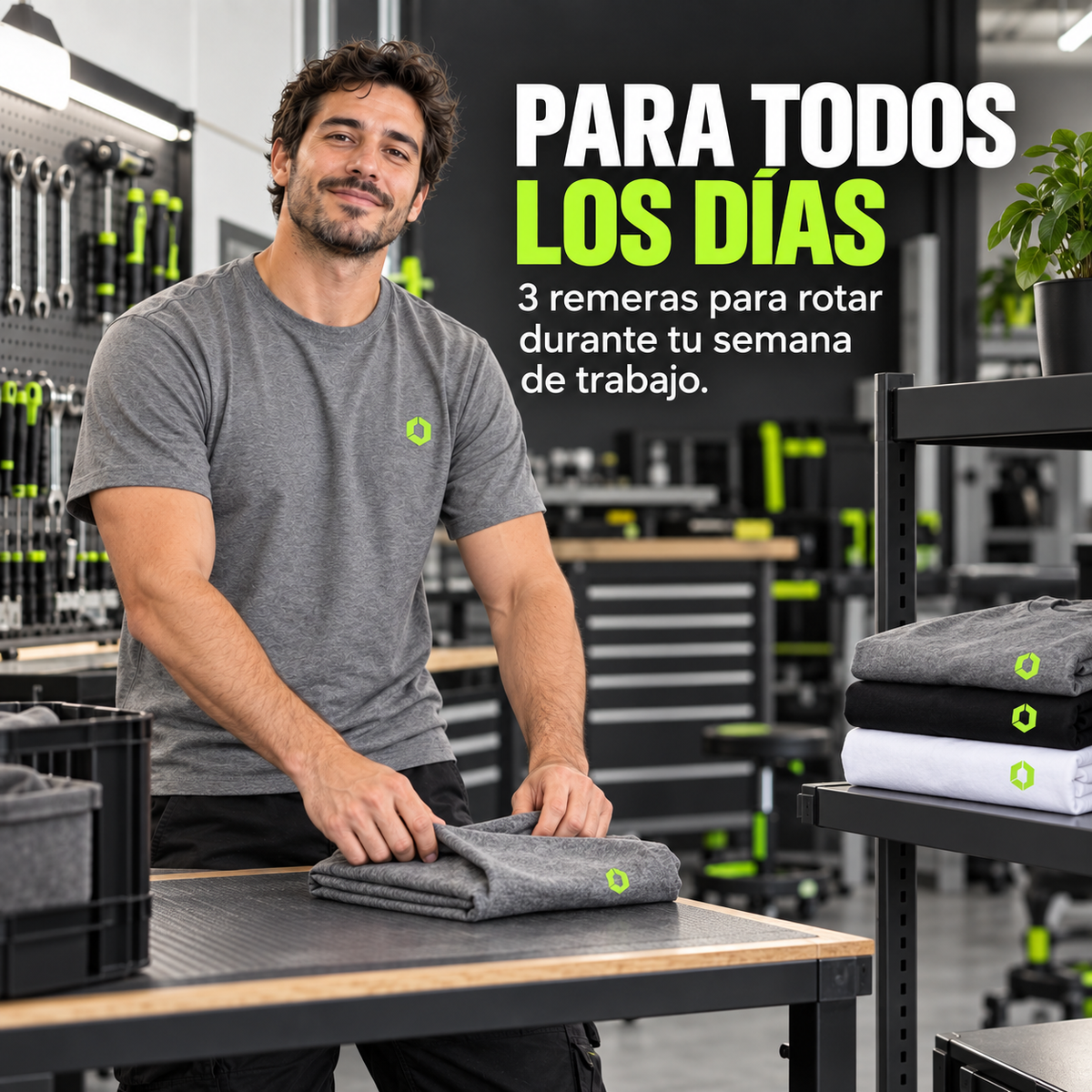 Uso diario del Pack Emprendedor Pro con tres remeras para rotar