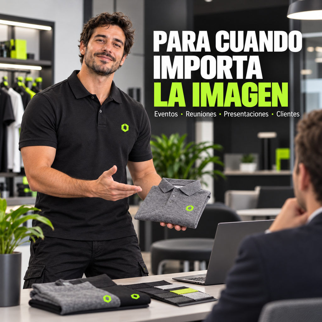 Emprendedor con polo y cargo en una presentación profesional