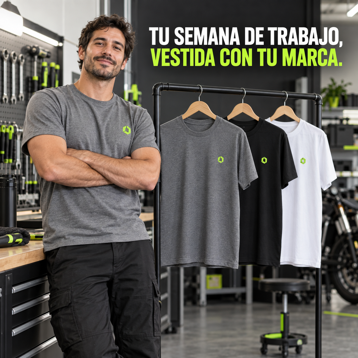 Emprendedor con tres remeras personalizadas para la semana laboral