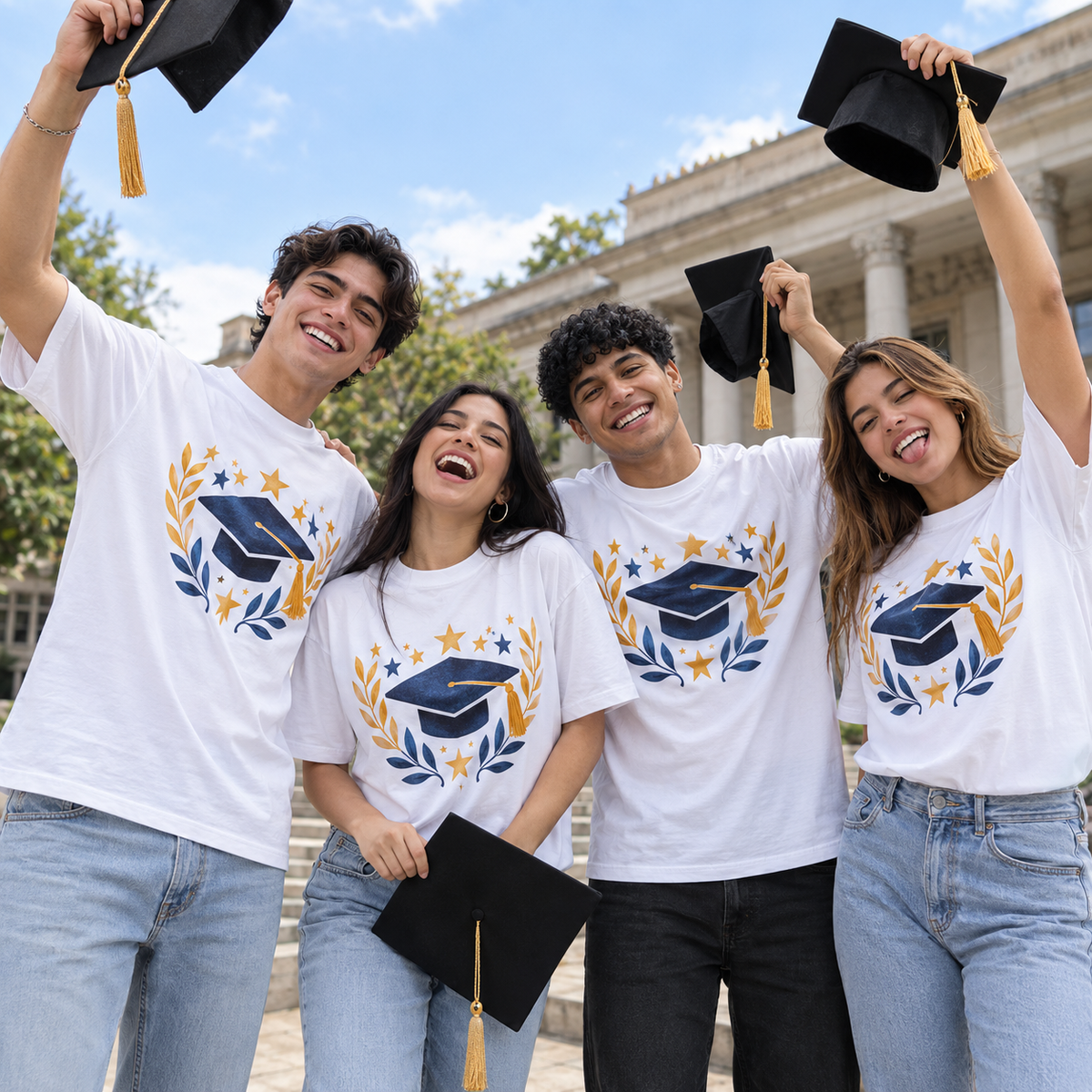 Remeras oversize blancas personalizadas con DTF para graduación