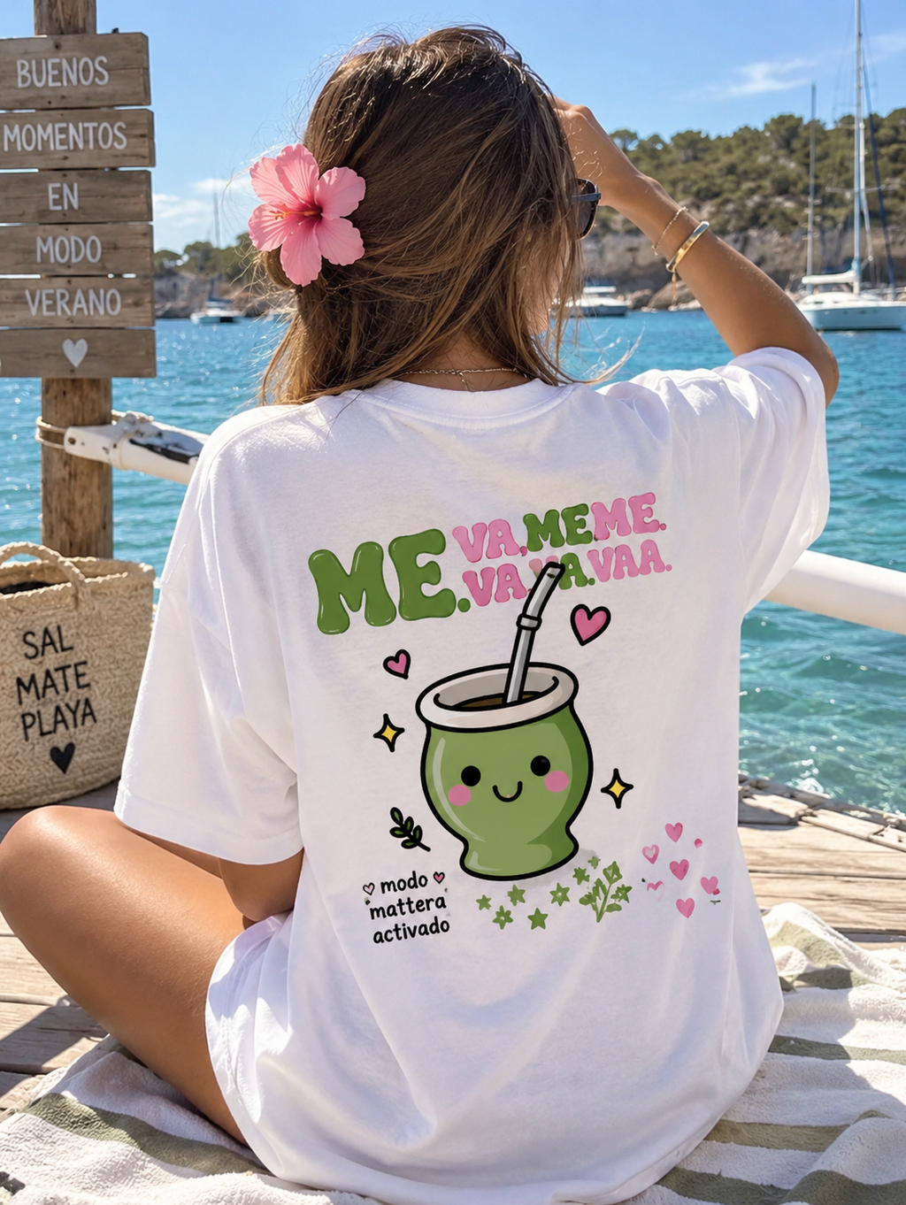 Remera Oversize Modo Matera blanca, estampa posterior en la playa