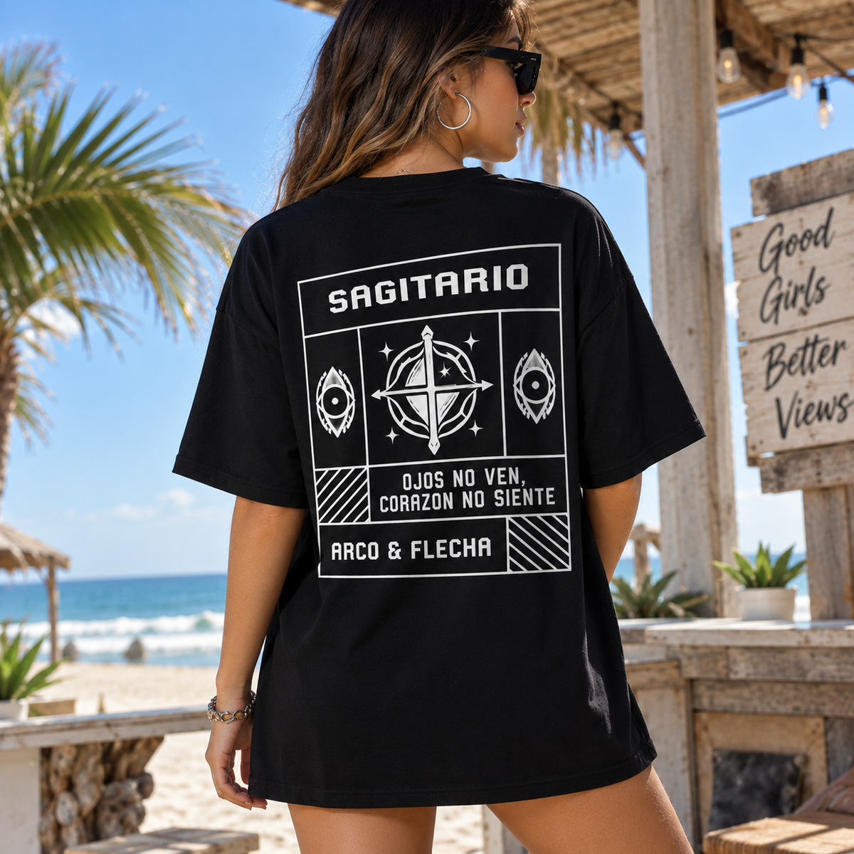 Remera Oversize Sagitario negra, estampa posterior y look de verano