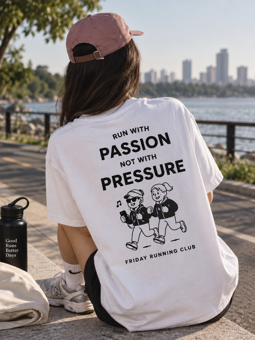 Remera Oversize Run With Passion vista posterior en descanso junto al circuito