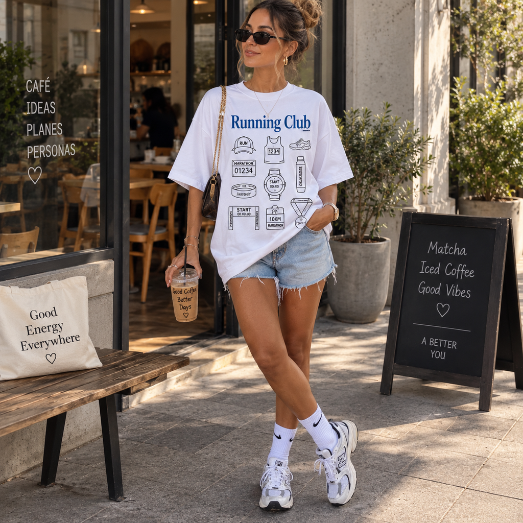 Remera Oversize Running Club blanca, vista frontal combinada con short de jean