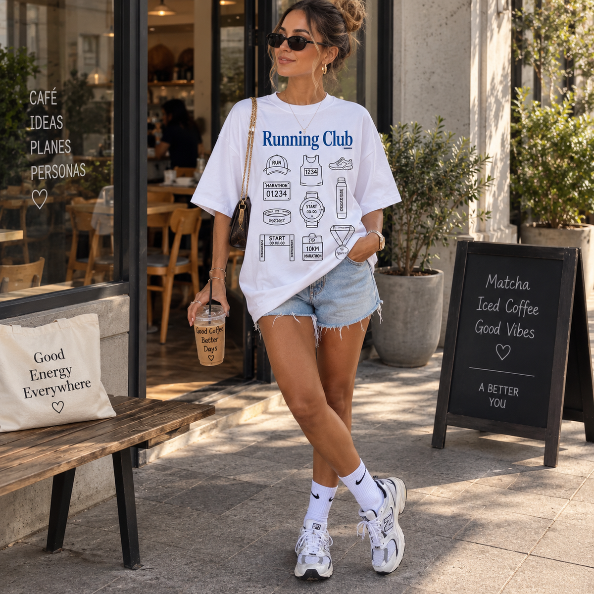 Remera Oversize Running Club blanca, vista frontal combinada con short de jean