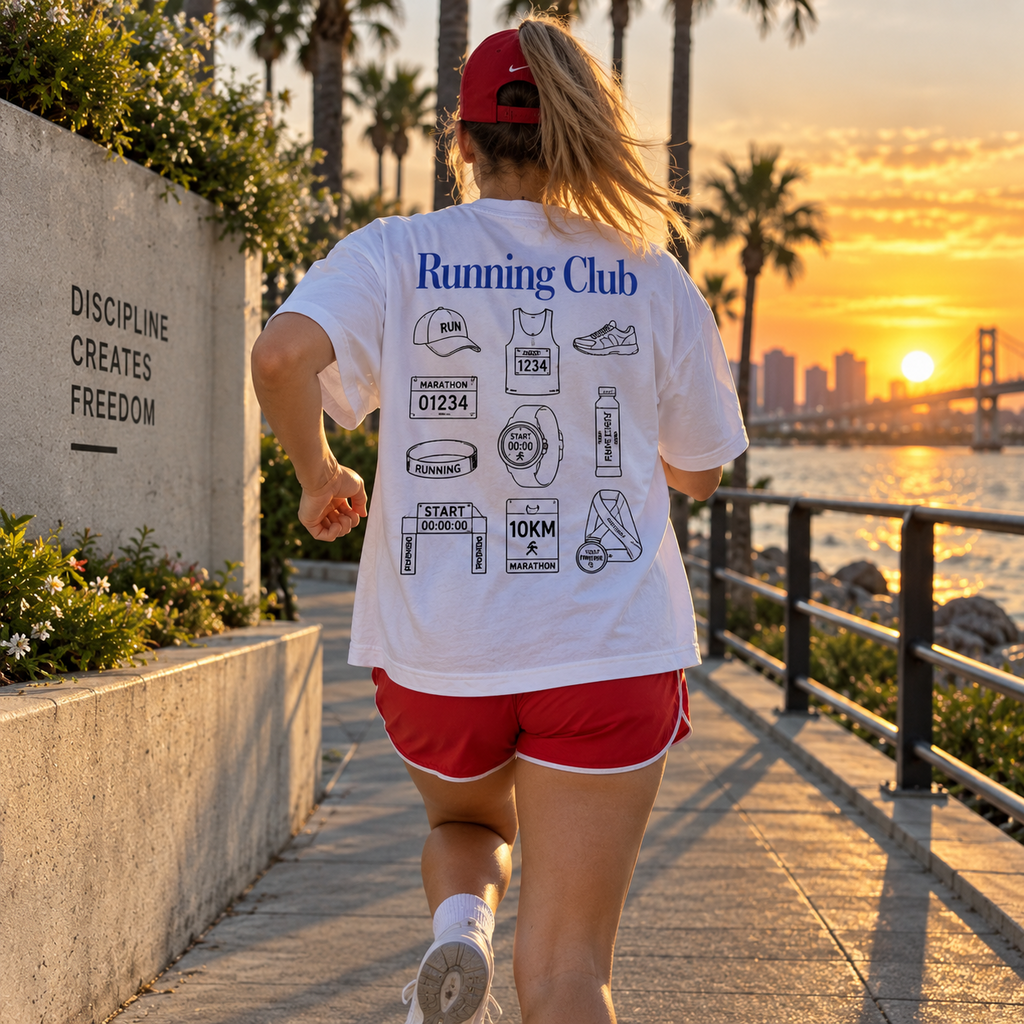 Remera Oversize Running Club blanca, vista posterior completa al atardecer