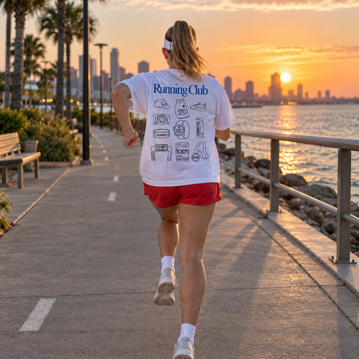 Remera Oversize Running Club blanca, vista posterior durante una corrida