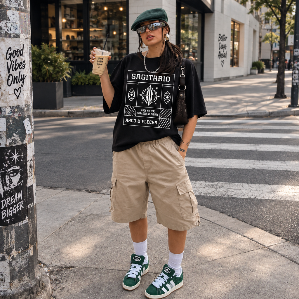 Remera Oversize Sagitario negra en outfit urbano con bermuda cargo