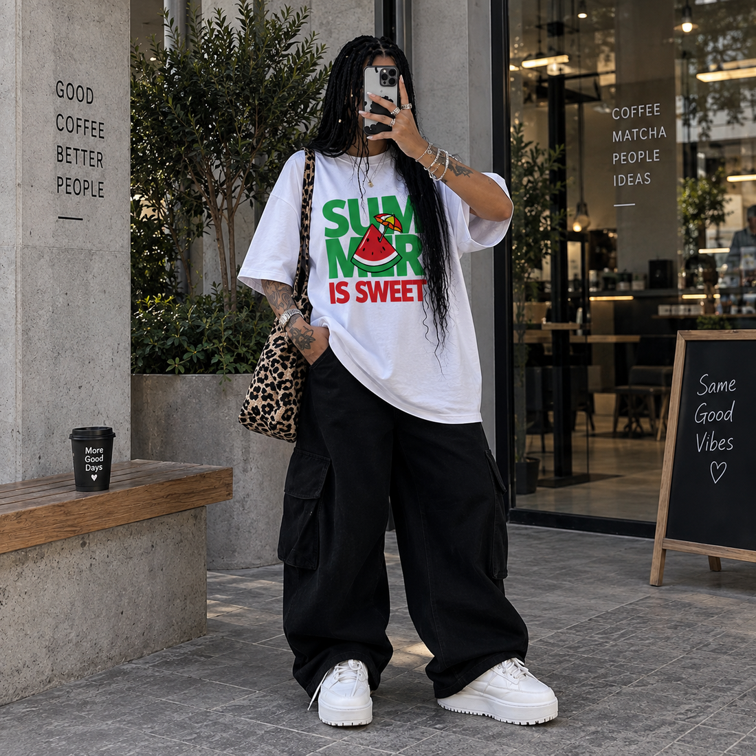 Remera Oversize Summer Is Sweet vista frontal con pantalón cargo negro