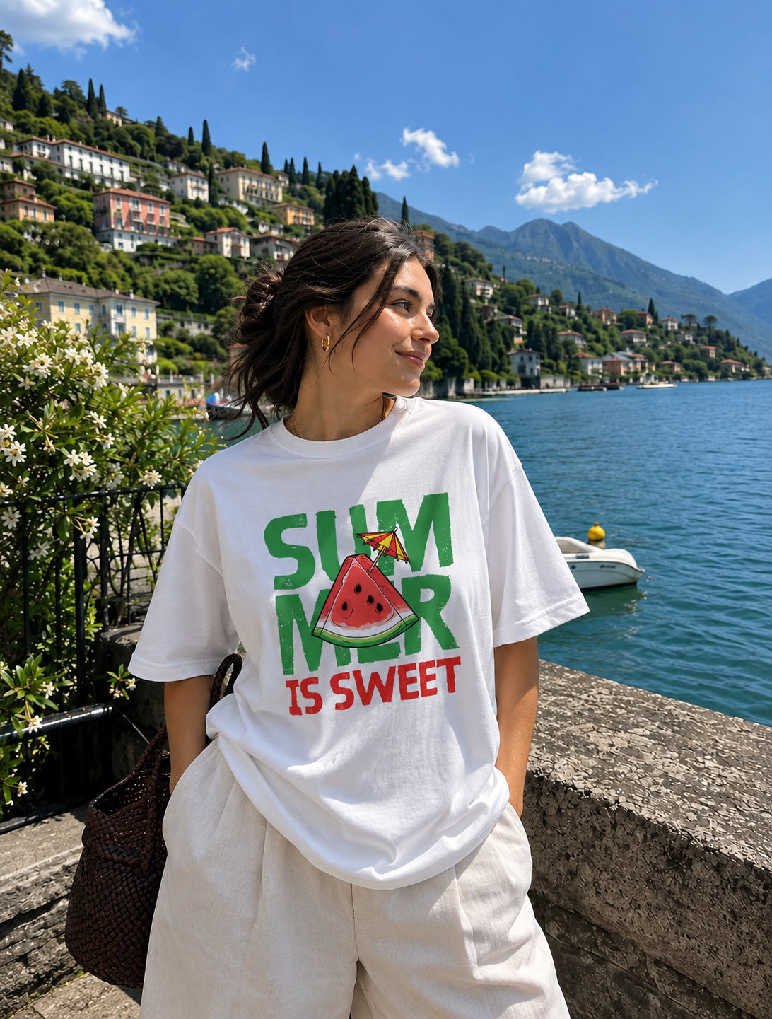 Remera Oversize Summer Is Sweet vista frontal en look costero con short claro