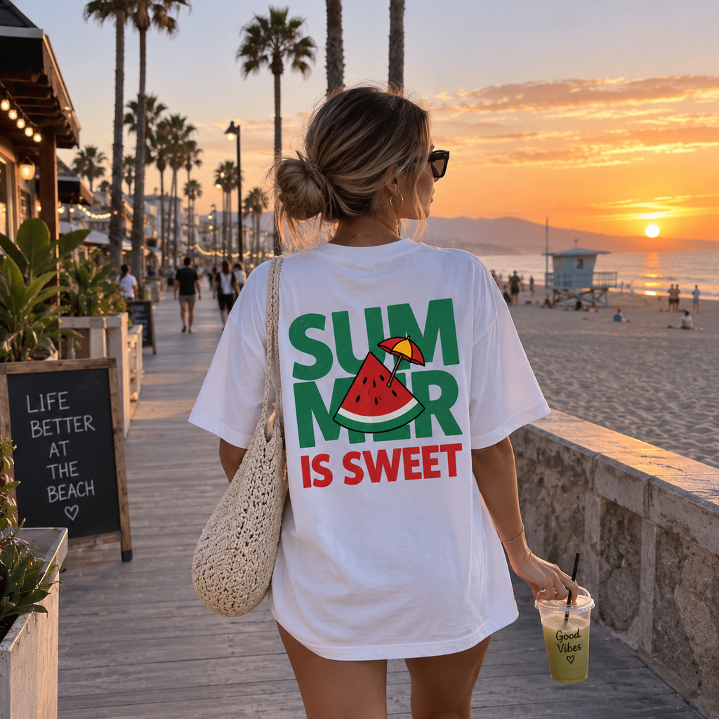 Remera Oversize Summer Is Sweet en look de playa al atardecer