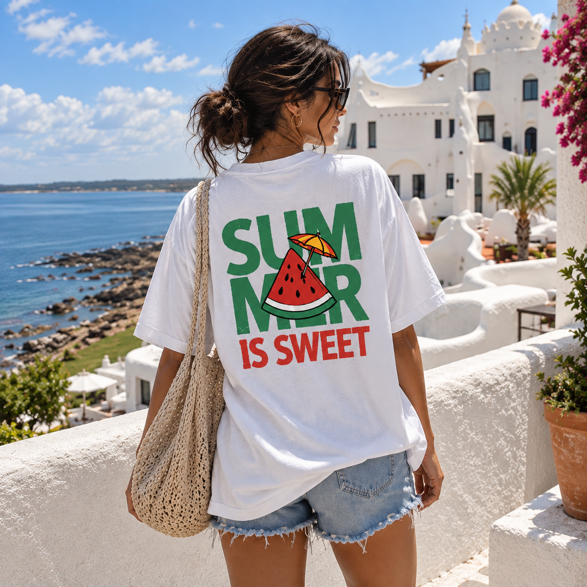 Remera Oversize Summer Is Sweet vista posterior con short de jean