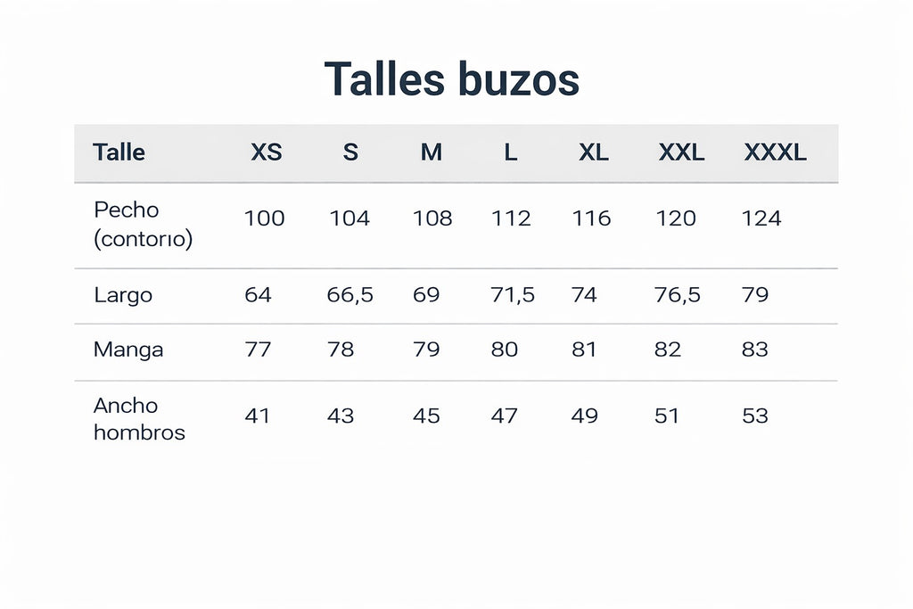 Tabla de talles del buzo de felpa de S a XXXL