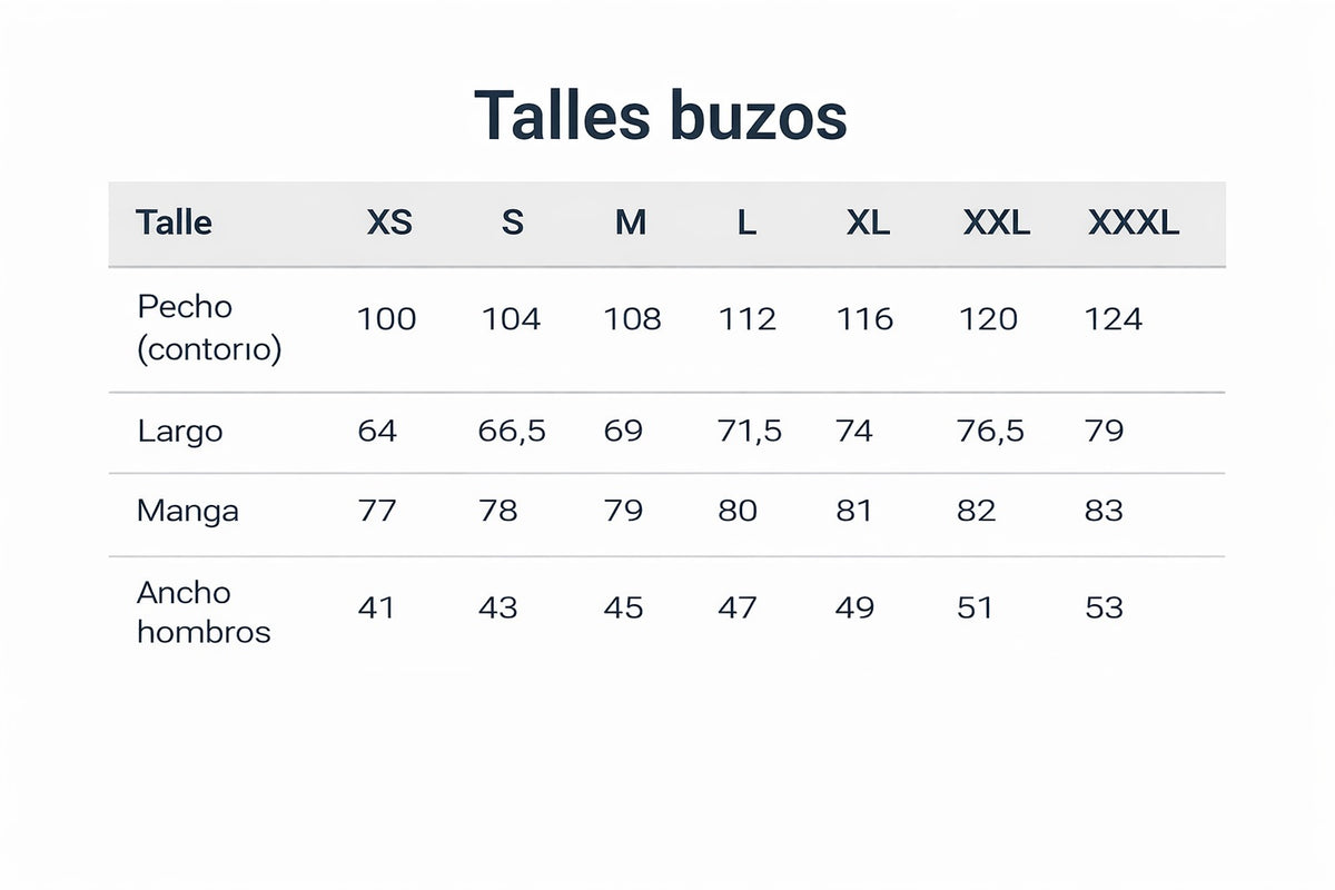 Tabla de talles del buzo de felpa de S a XXXL