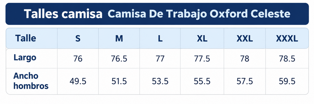 Tabla de talles de camisa Oxford celeste de S a XXXL