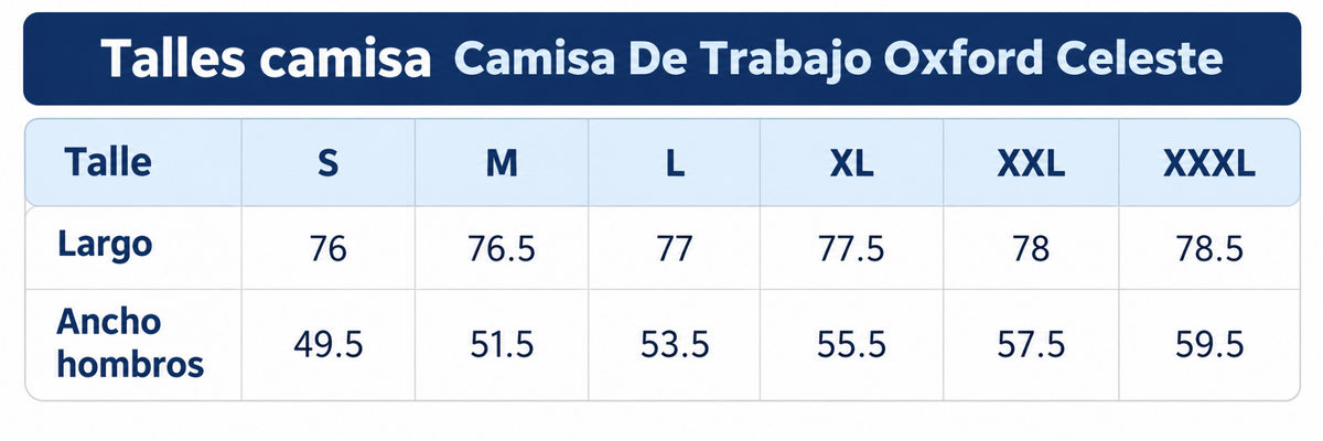 Tabla de talles de camisa Oxford celeste de S a XXXL