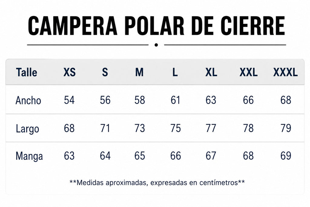 Tabla de talles de campera polar de cierre de S a XXXL