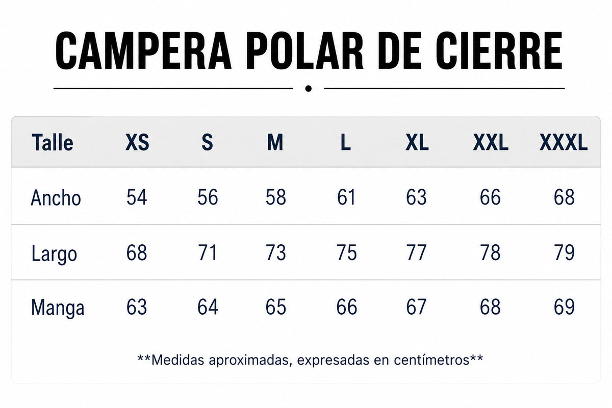 Tabla de talles de campera polar de cierre de S a XXXL