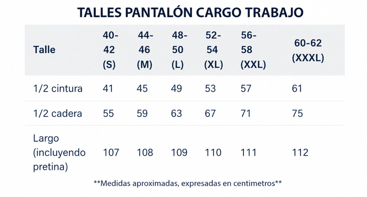 Tabla de talles de pantalón cargo de trabajo de S a XXXL