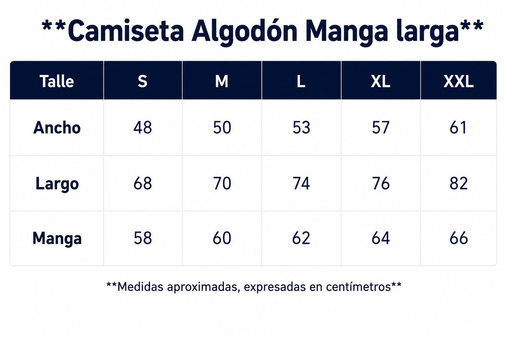 Tabla de talles de remera de trabajo manga larga de S a XXL