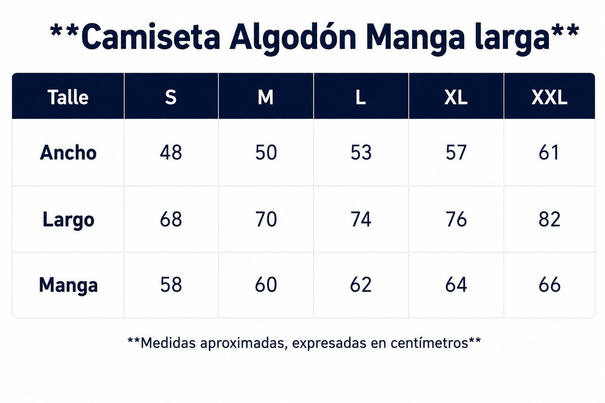Tabla de talles de remera de trabajo manga larga de S a XXL