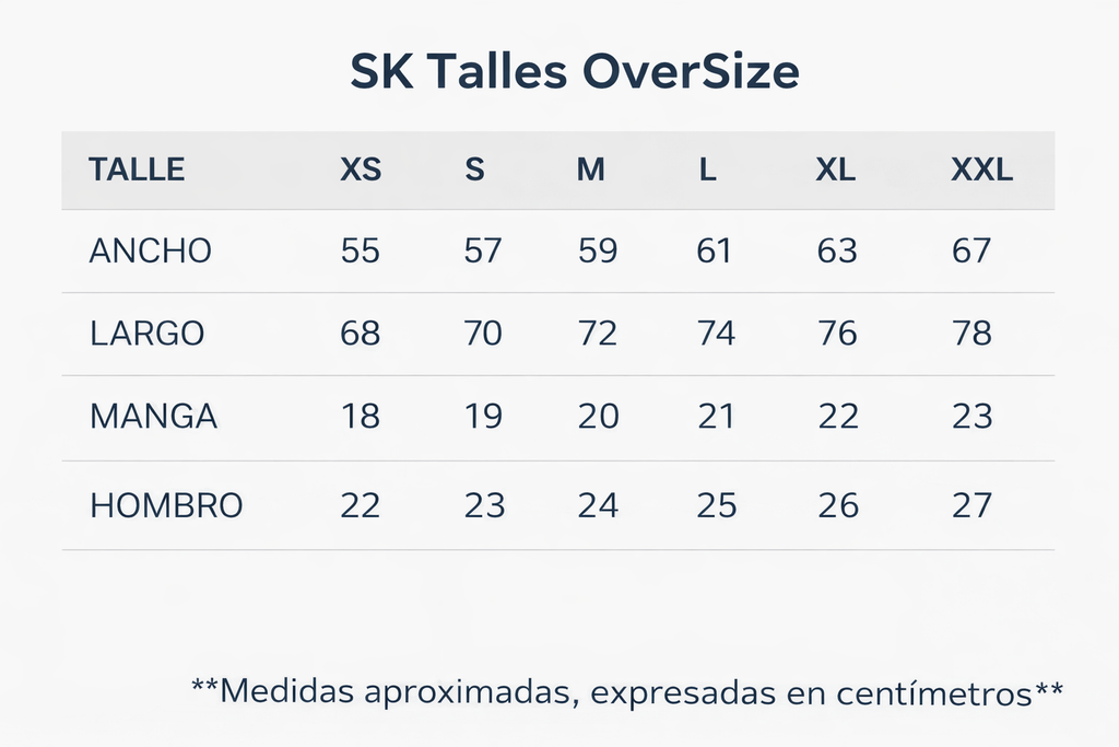 Tabla de talles de remera oversize XS a XXL