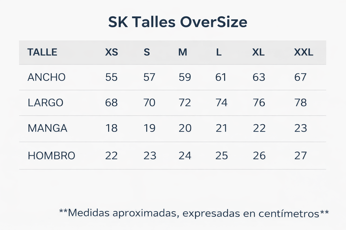 Tabla de talles de remera oversize XS a XXL