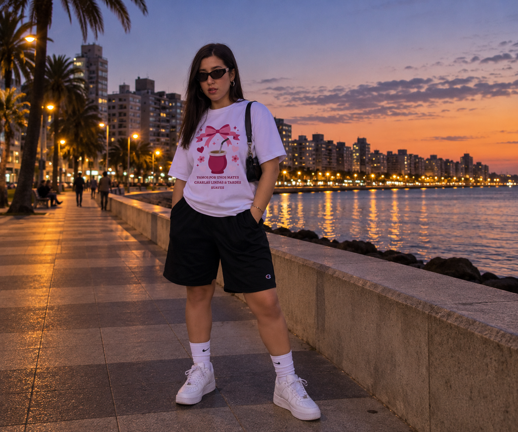 Remera Oversize Vamos por unos mates blanca en look de verano con short
