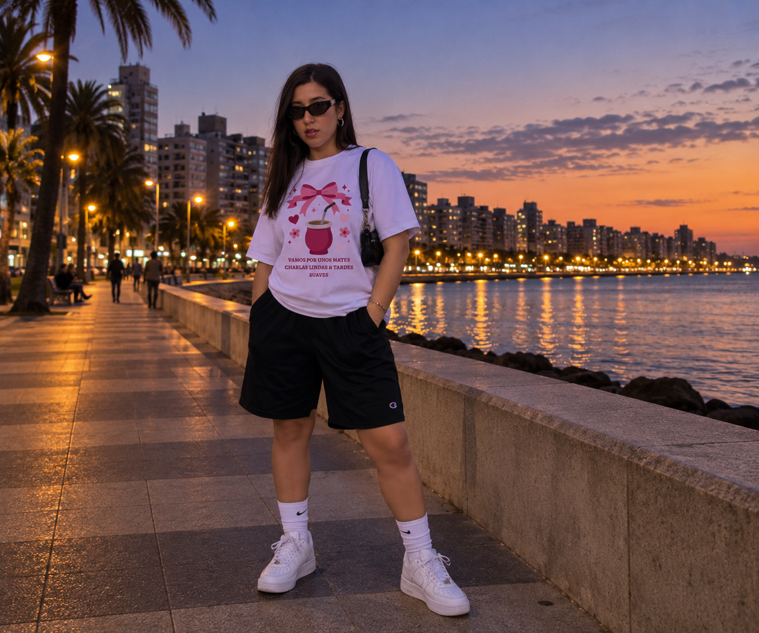 Remera Oversize Vamos por unos mates blanca en look de verano con short