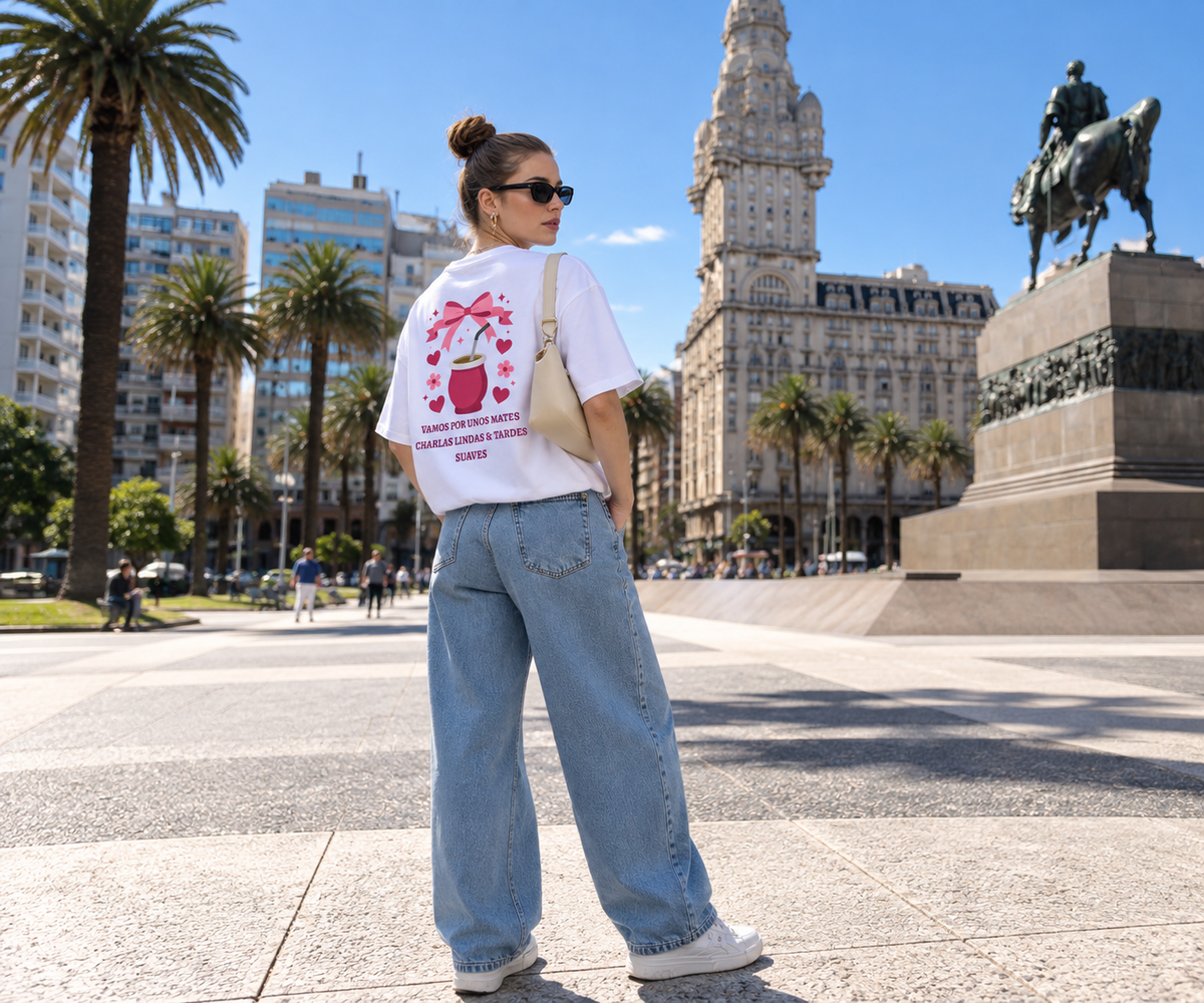 Remera Oversize Vamos por unos mates blanca combinada con jean ancho